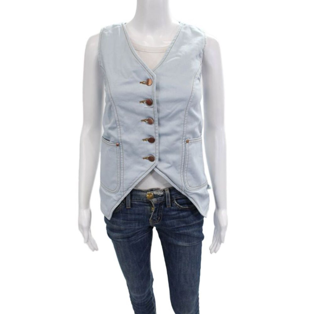 Renggli Women Light Blue Cotton V-Neck Button Sleeveless Vest Size XS